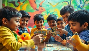 Discover real Pokémon cards in India as kids trade cards joyfully, surrounded by vibrant colors.